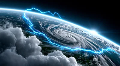 Hurricane Swirling Over Earth With Electric Lightning Bolts