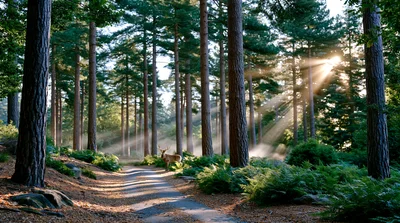 Stag Standing On A Forest Path At Sunrise