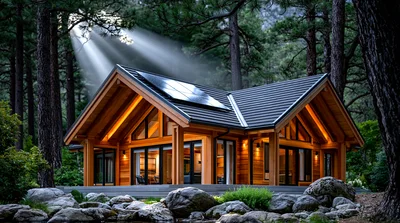 Modern Wooden Cabin In A Forest With Sunbeams