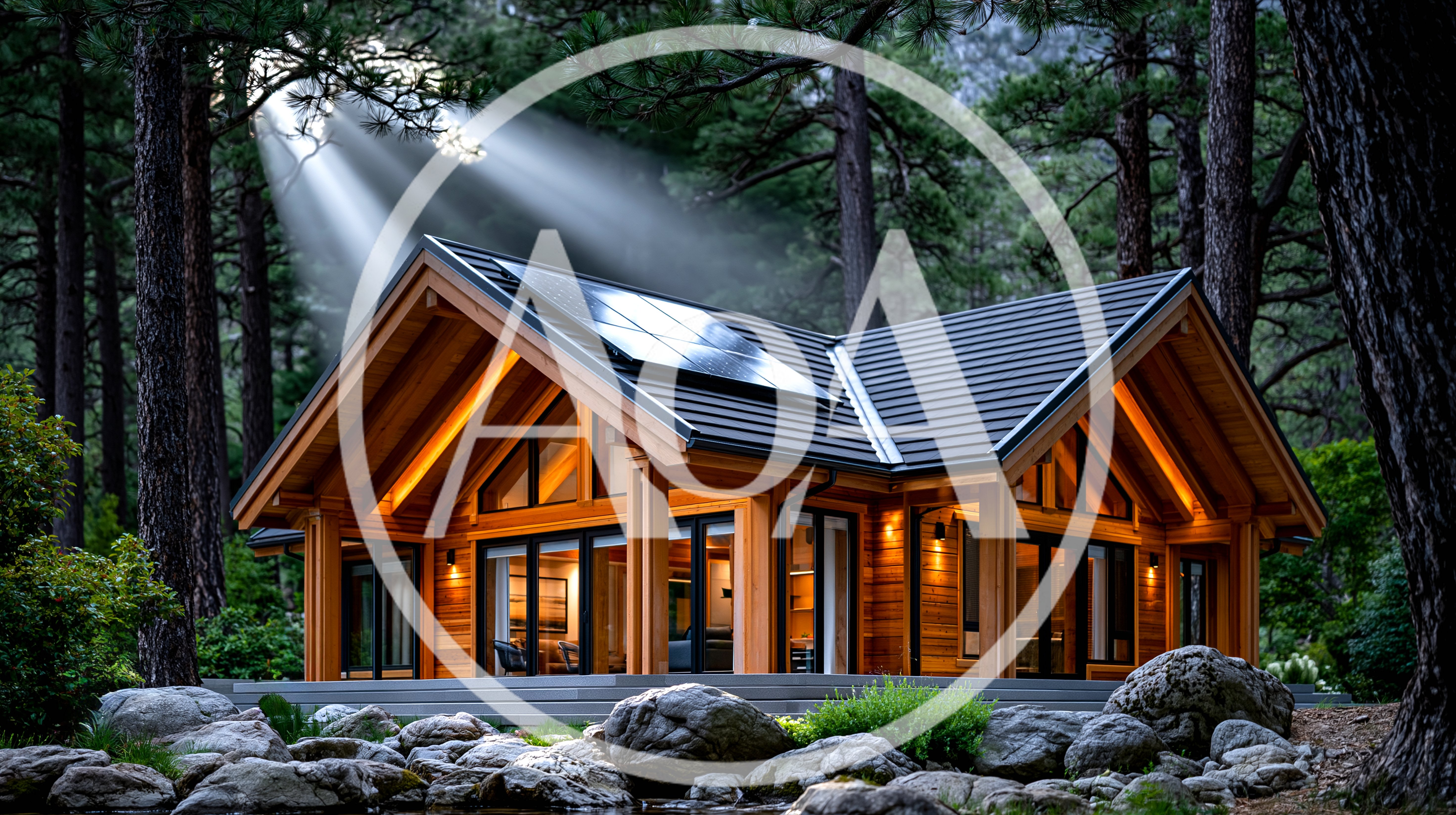 Modern Wooden Cabin In A Forest With Sunbeams