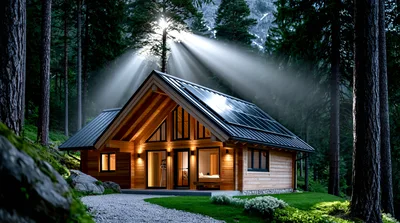Modern Wooden Cabin In A Misty Pine Forest