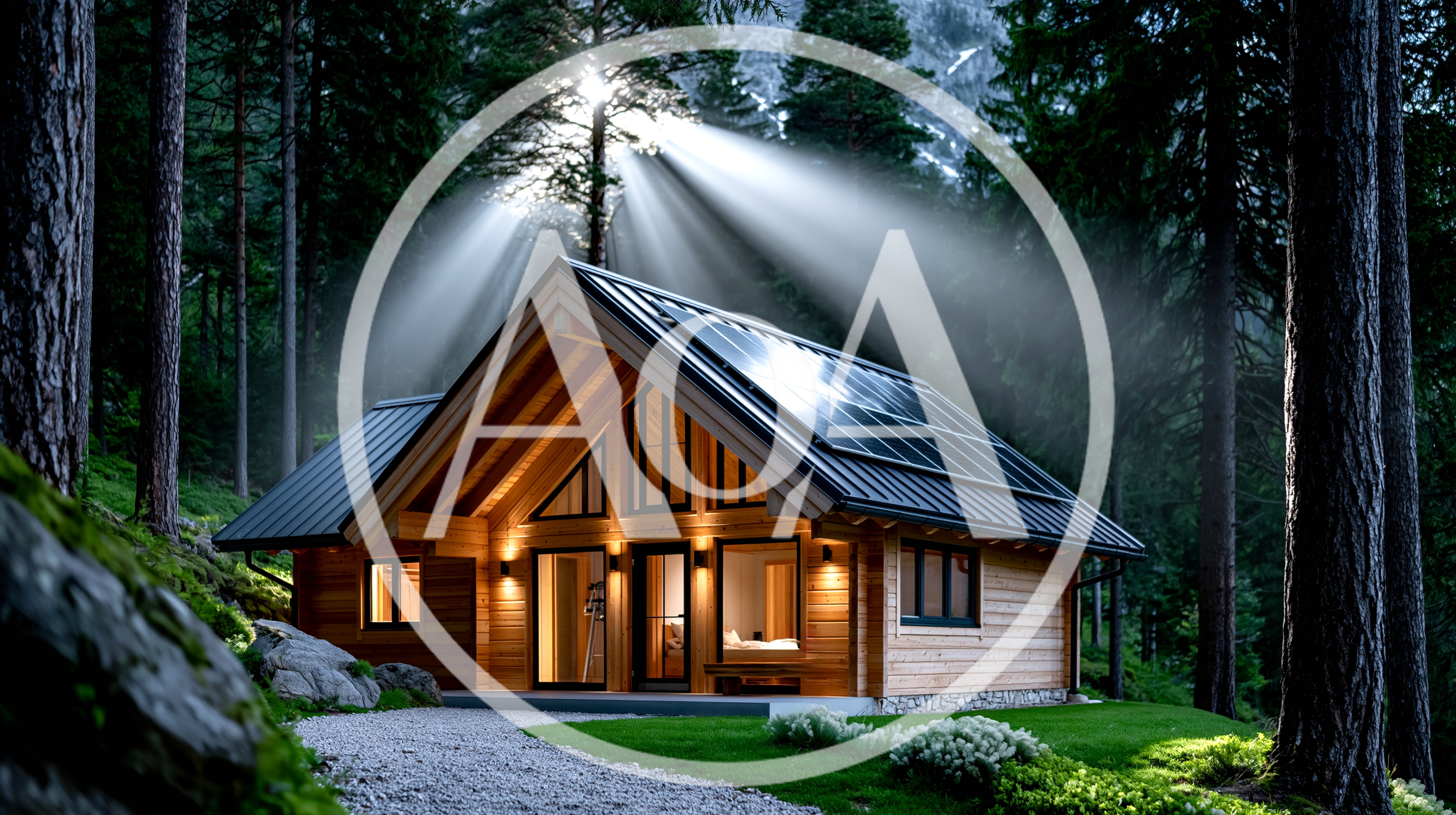 Modern Wooden Cabin In A Misty Pine Forest