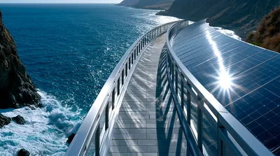Modern Pedestrian Bridge With Solar Panel Roof Over Ocean