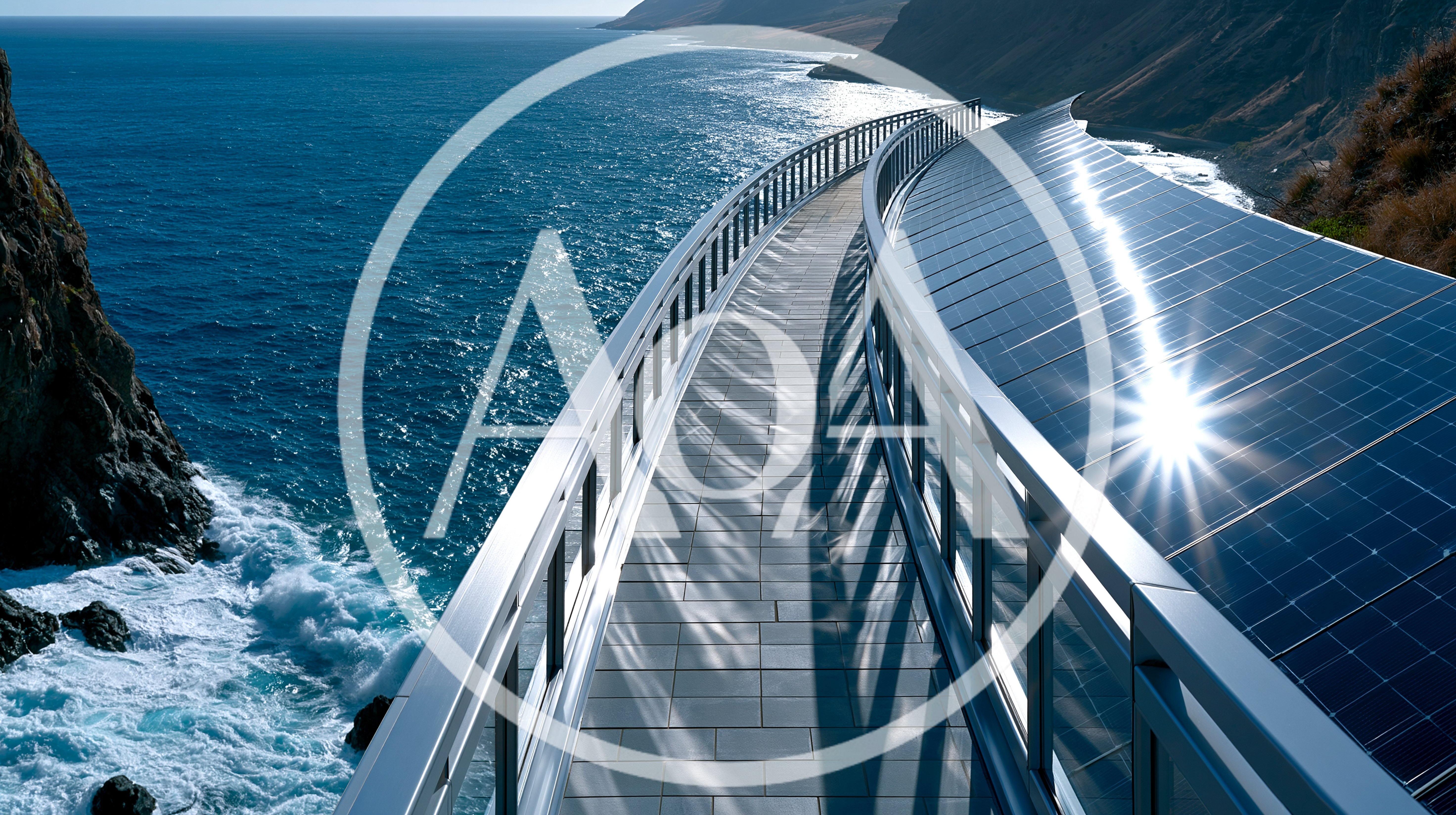 Modern Pedestrian Bridge With Solar Panel Roof Over Ocean