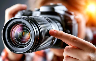 Photographer Adjusting Focus Ring On Professional DSLR Camera