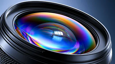 Close Up Of A Camera Lens With Rainbow Reflections