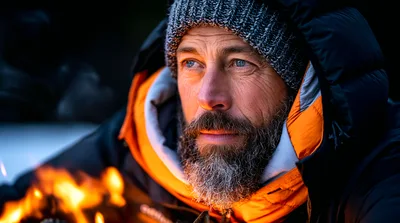 Bearded Man Warming Hands By A Campfire