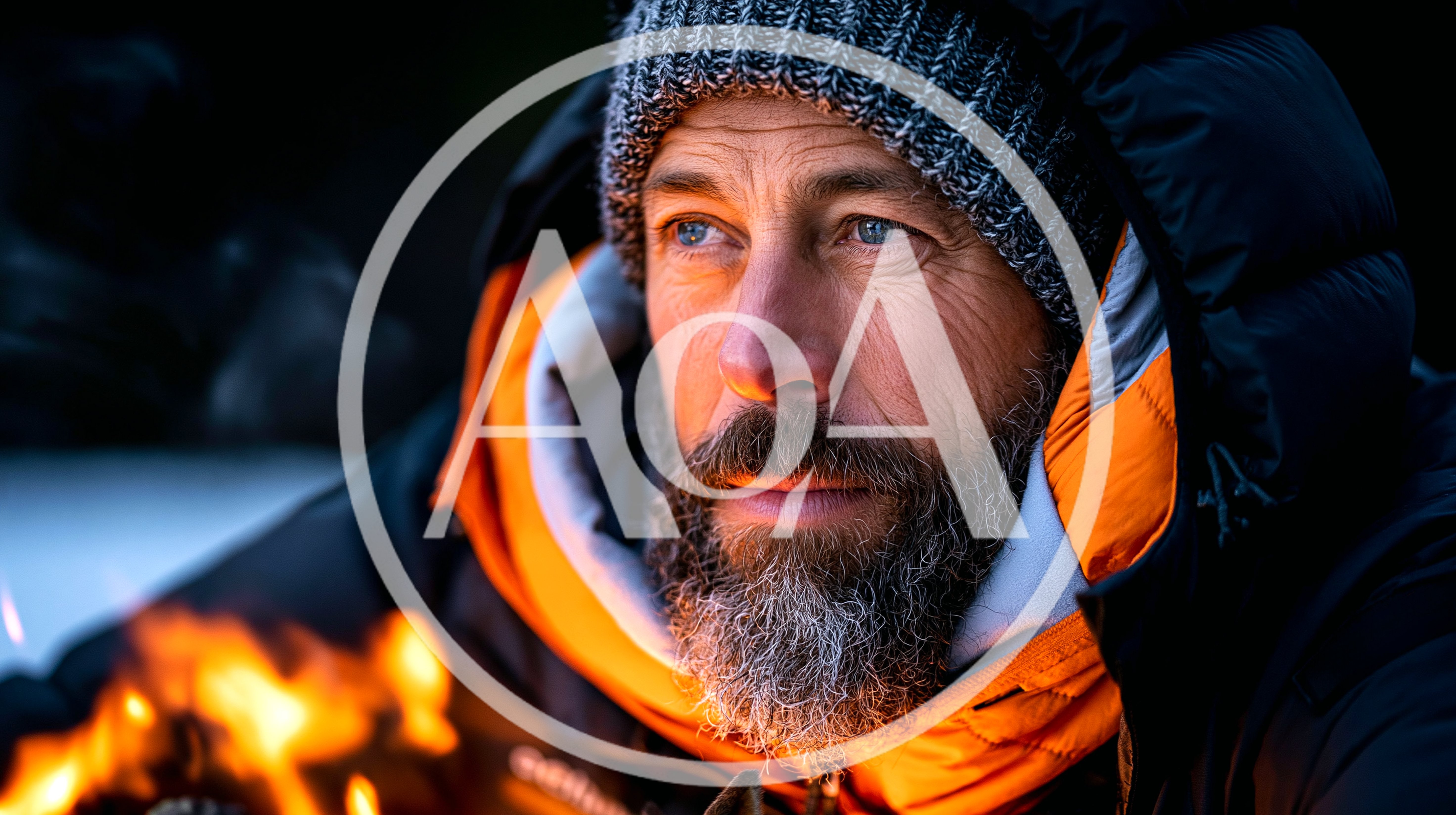 Bearded Man Warming Hands By A Campfire