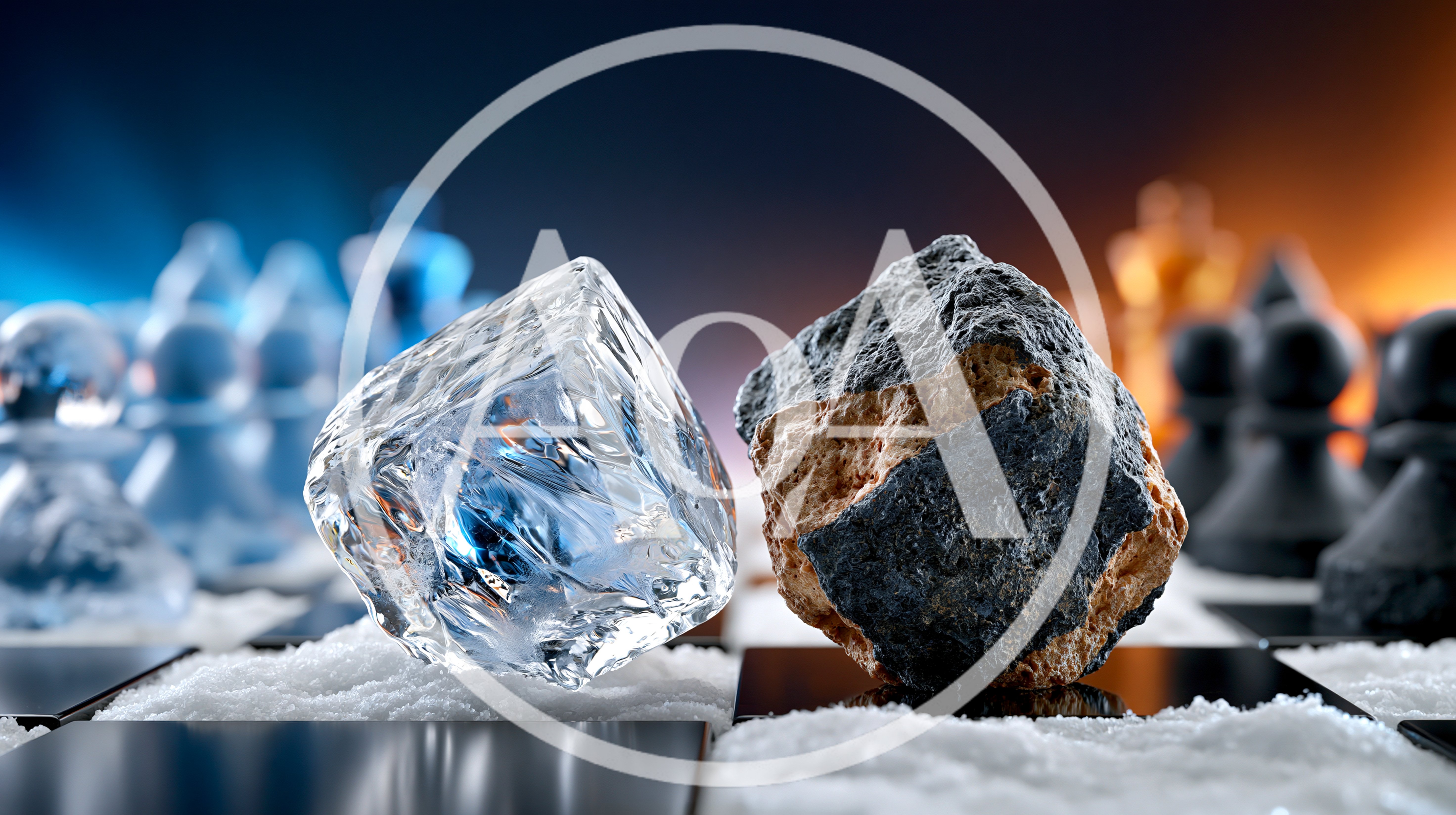 Ice Cube And Rough Rock On Chessboard