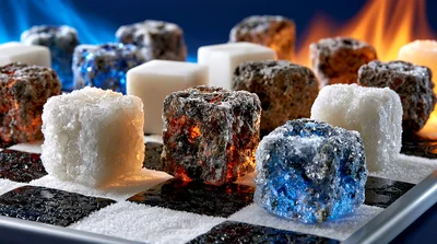Conceptual Chessboard With Glowing Fire And Ice Cubes