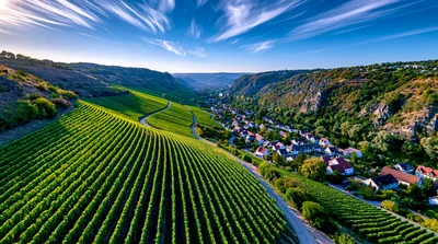 Aerial View Of Lush Vineyards In A German Valley