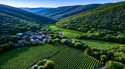Aerial View Of A Vineyard In A Mountain Valley
