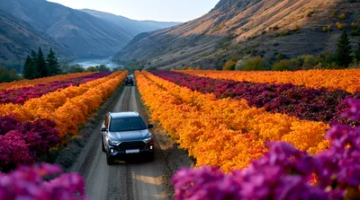 Silver SUV Driving Through Vibrant Autumn Flower Fields