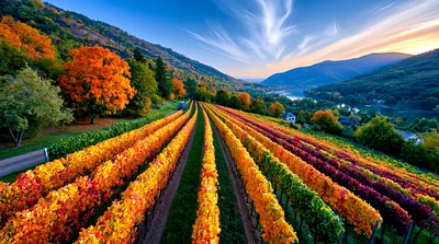 Autumn Vineyard Rows With Vibrant Fall Foliage