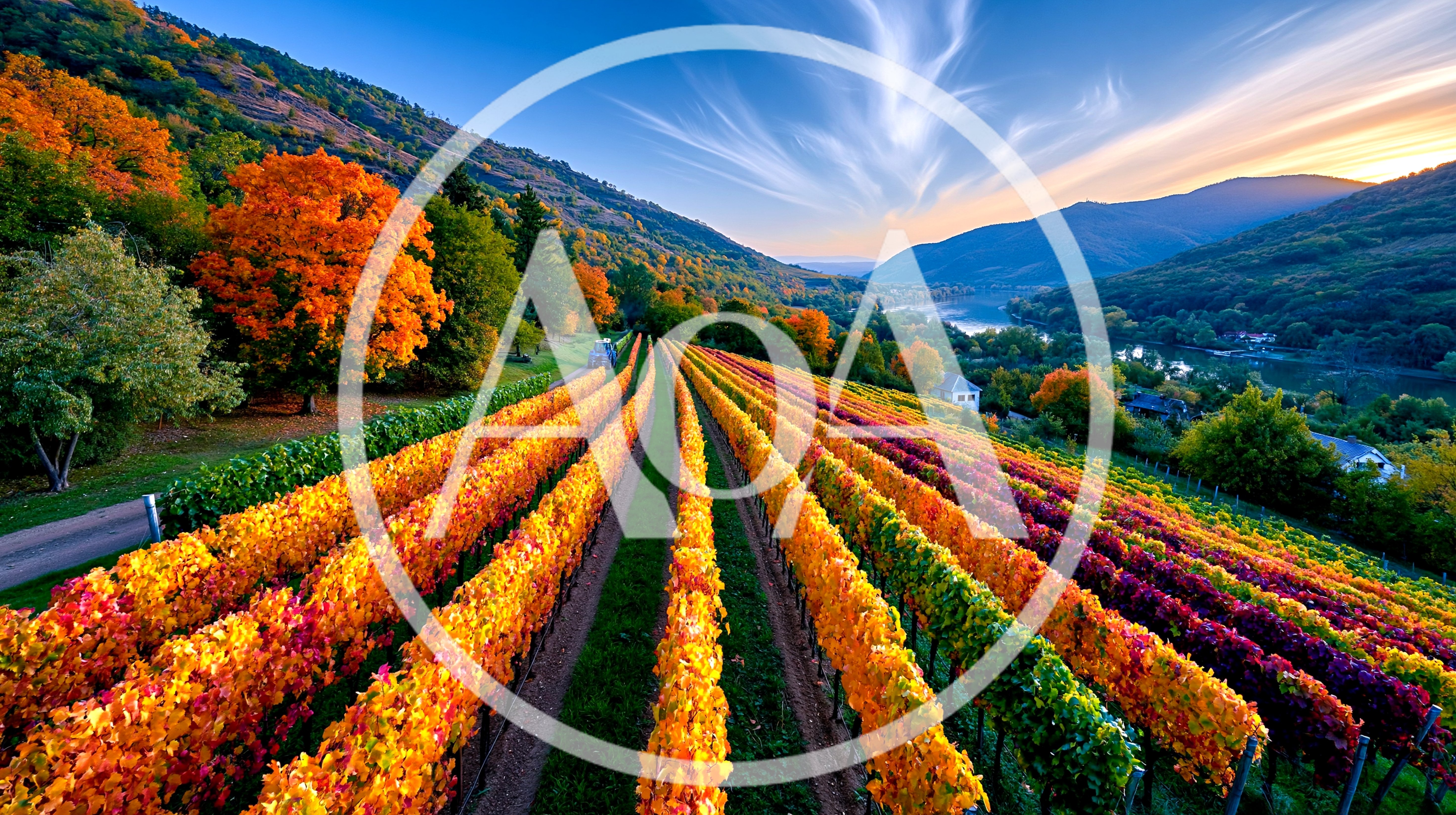 Autumn Vineyard Rows With Vibrant Fall Foliage