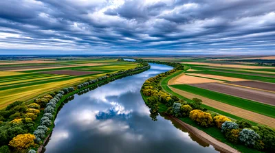 Aerial View Of A Winding River Through Agricultural Fields