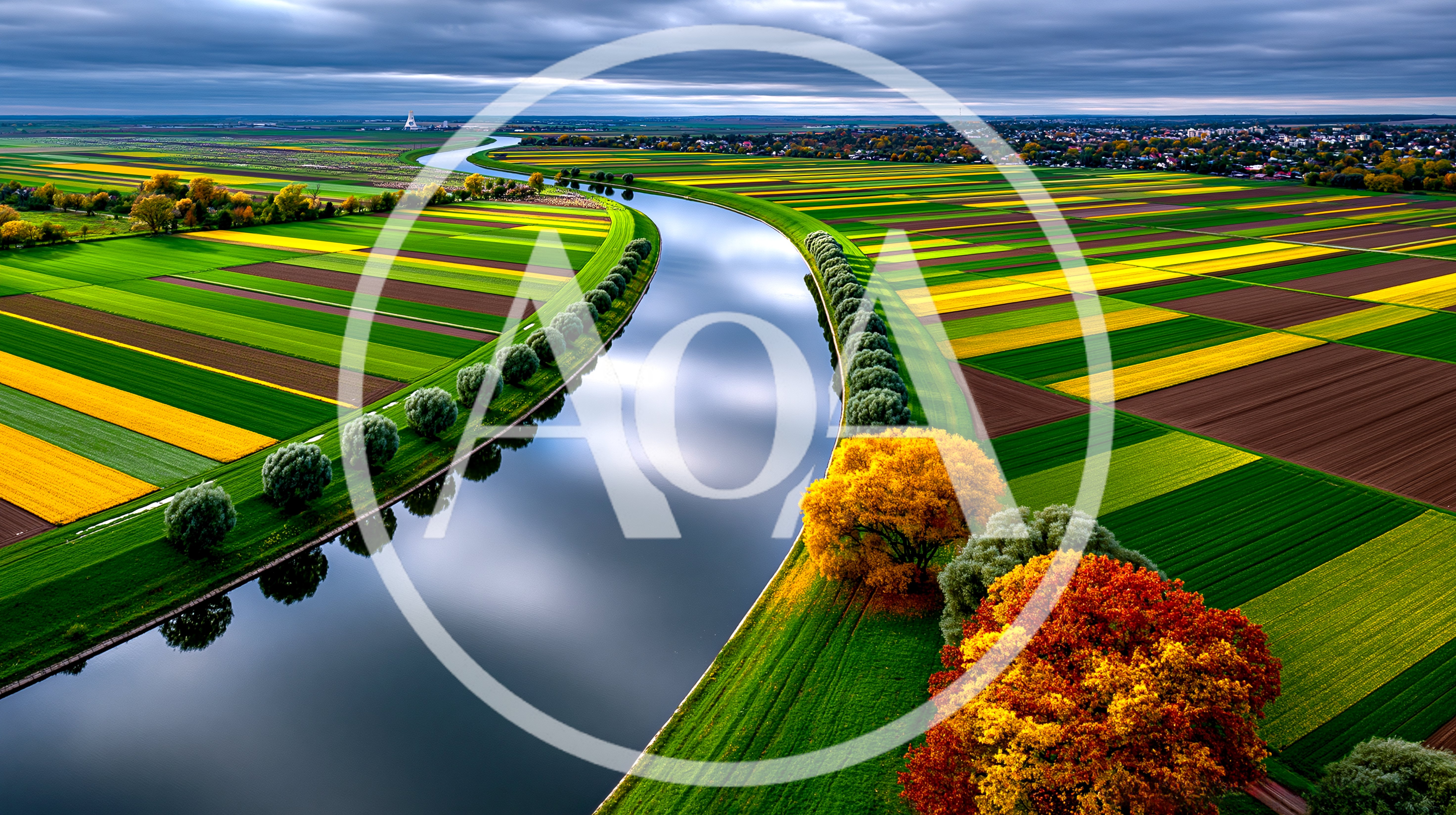 Aerial View Of A Winding River Through Agricultural Fields