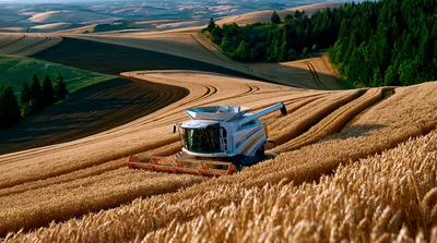Combine Harvester Working In Rolling Wheat Field