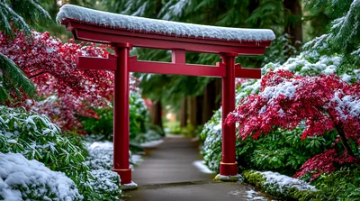 Red Torii Gate In A Snowy Japanese Garden