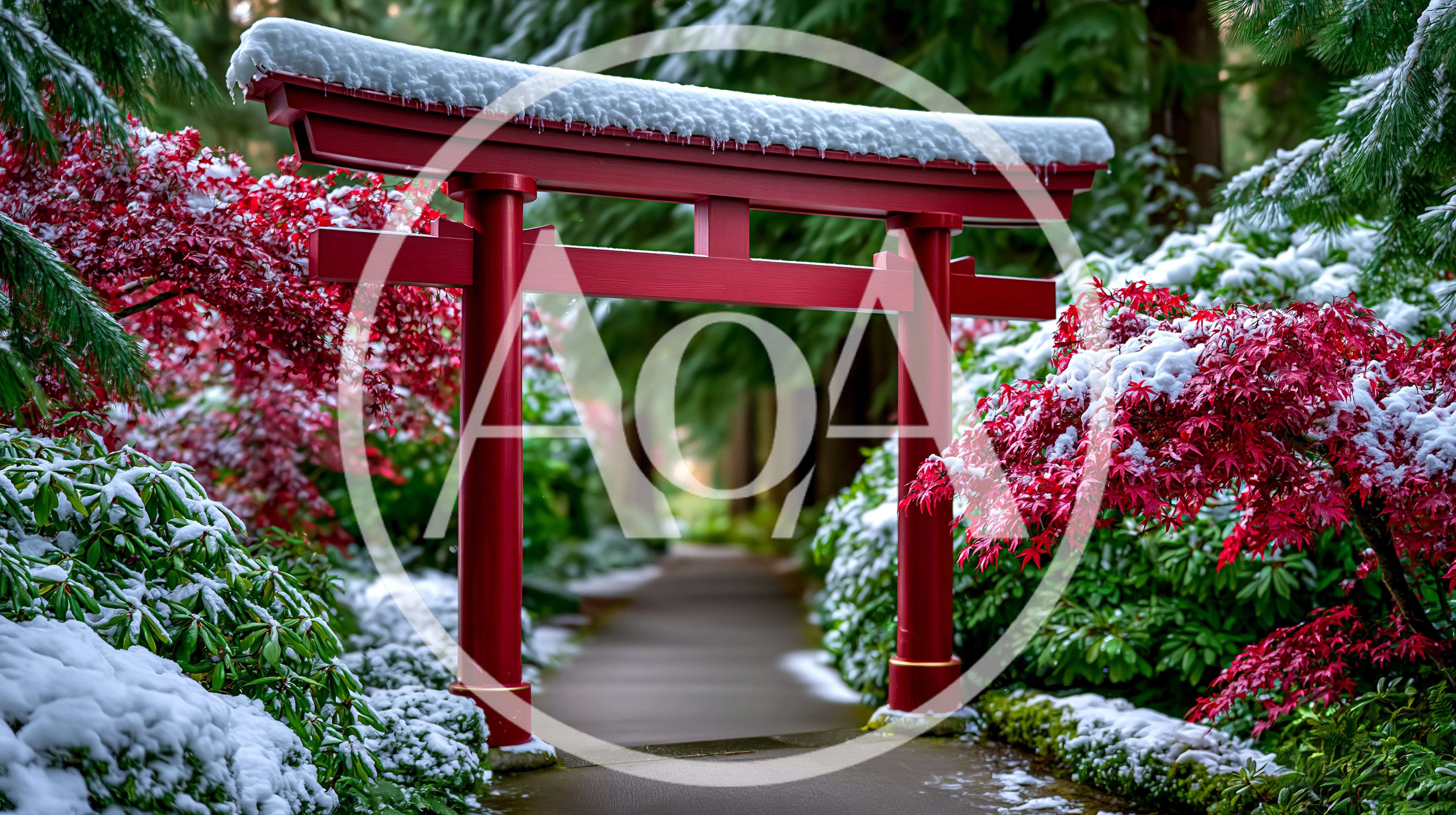 Red Torii Gate In A Snowy Japanese Garden