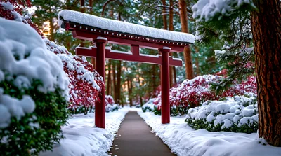 Traditional Japanese Torii Gate In Snowy Winter Garden
