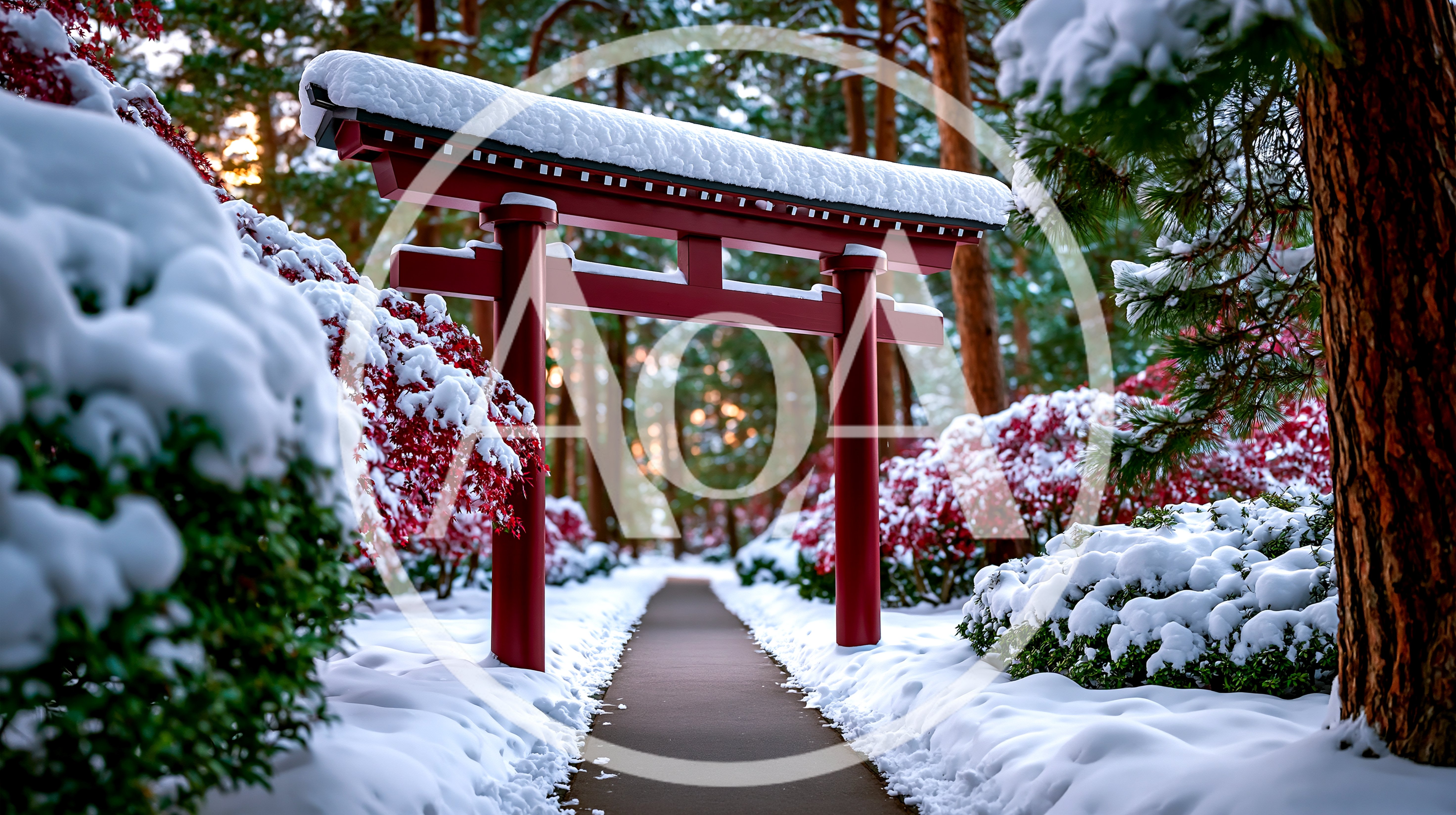Traditional Japanese Torii Gate In Snowy Winter Garden
