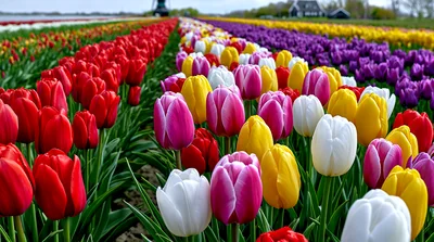 Vibrant Rows Of Colorful Tulips In Dutch Field