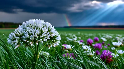 White Clover Flower In A Lush Green Meadow
