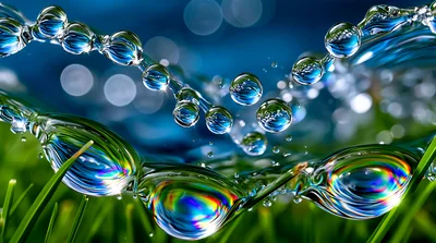 Macro Water Droplets Reflecting Light On Green Grass