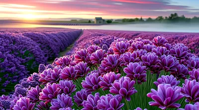 Vibrant Purple Flower Field At Sunset