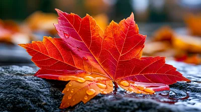Vibrant Red Autumn Leaf With Raindrops On Wet Stone