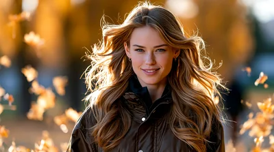 Young Woman With Flowing Hair In Autumn Park