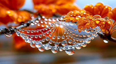 Dew Drops On A Spider Web With Orange Flowers