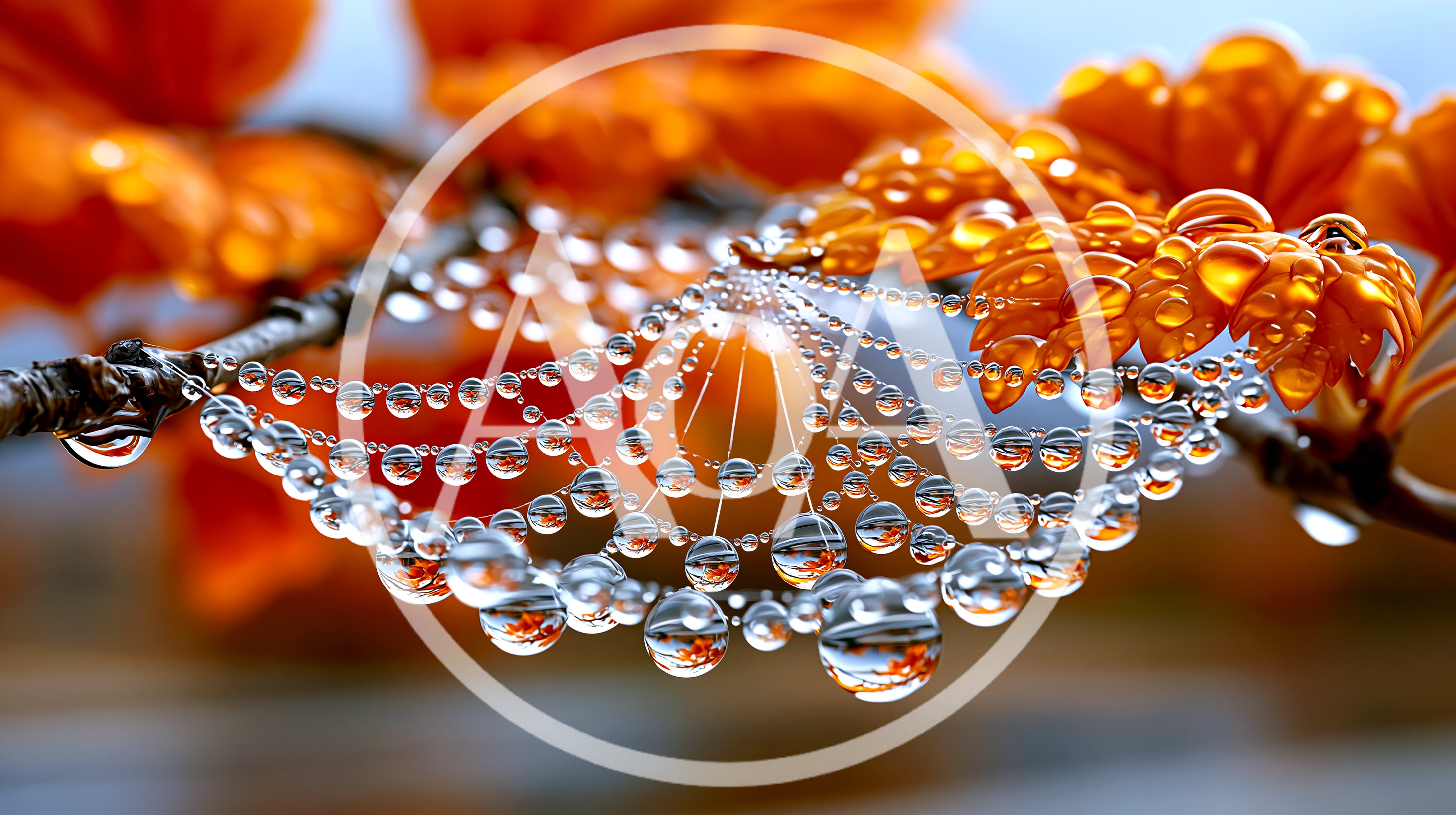 Dew Drops On A Spider Web With Orange Flowers