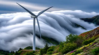 Wind Turbine Standing Above Rolling Fog Over Mountains