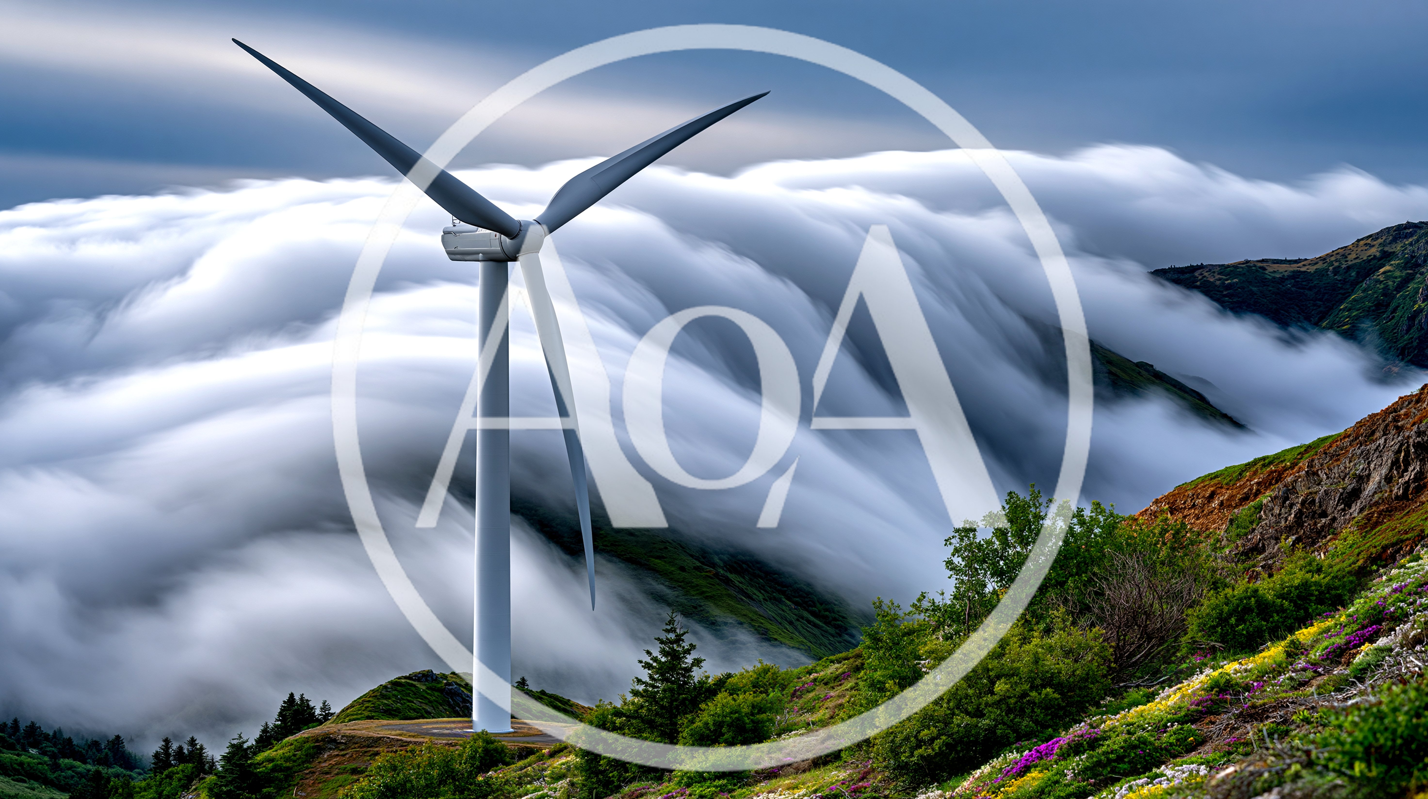 Wind Turbine Standing Above Rolling Fog Over Mountains