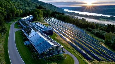 Aerial View Of Modern Solar Farm At Sunrise