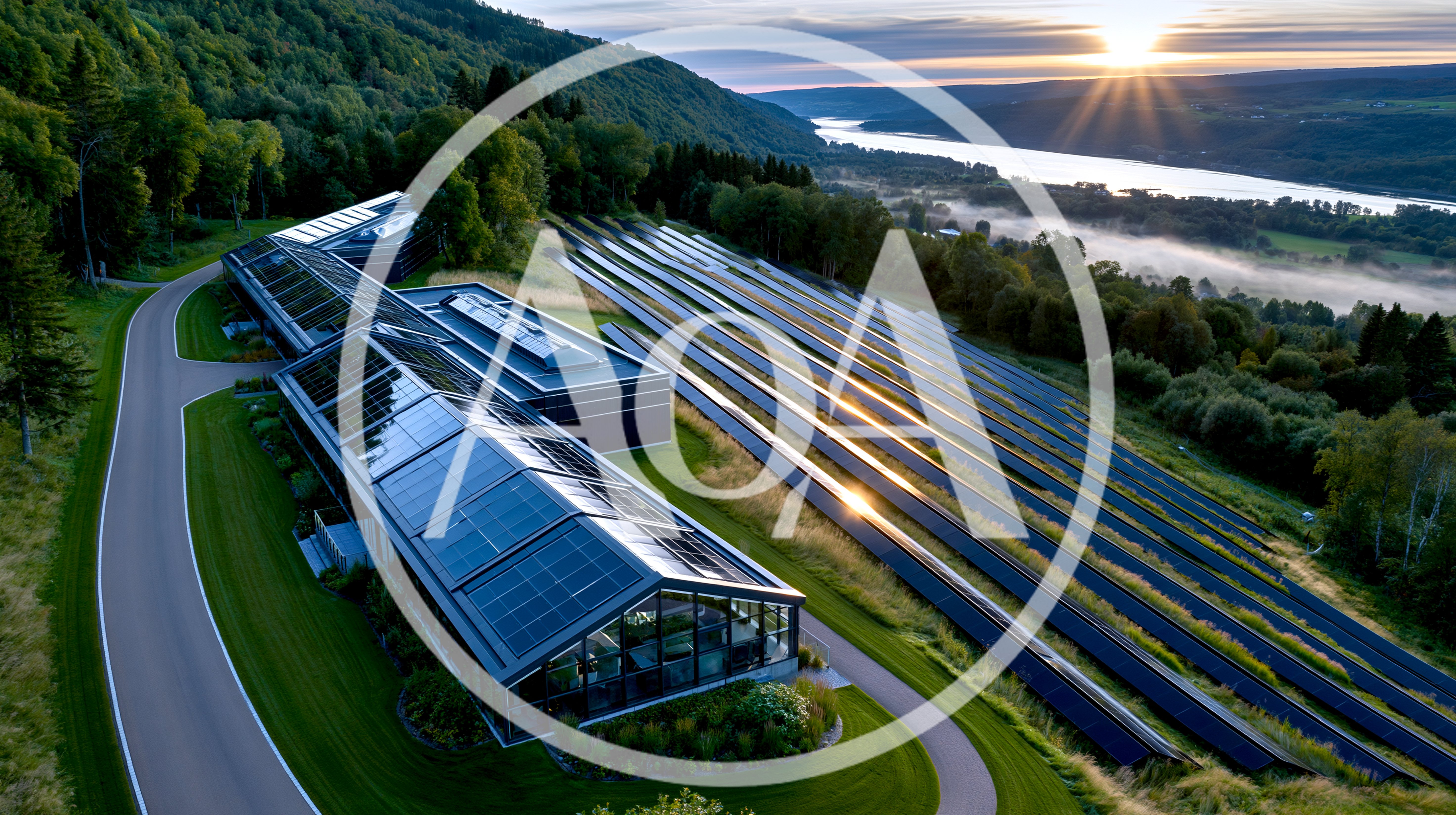 Aerial View Of Modern Solar Farm At Sunrise