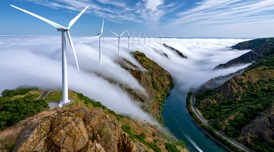 Wind Turbines Above Clouds Along Columbia River Gorge