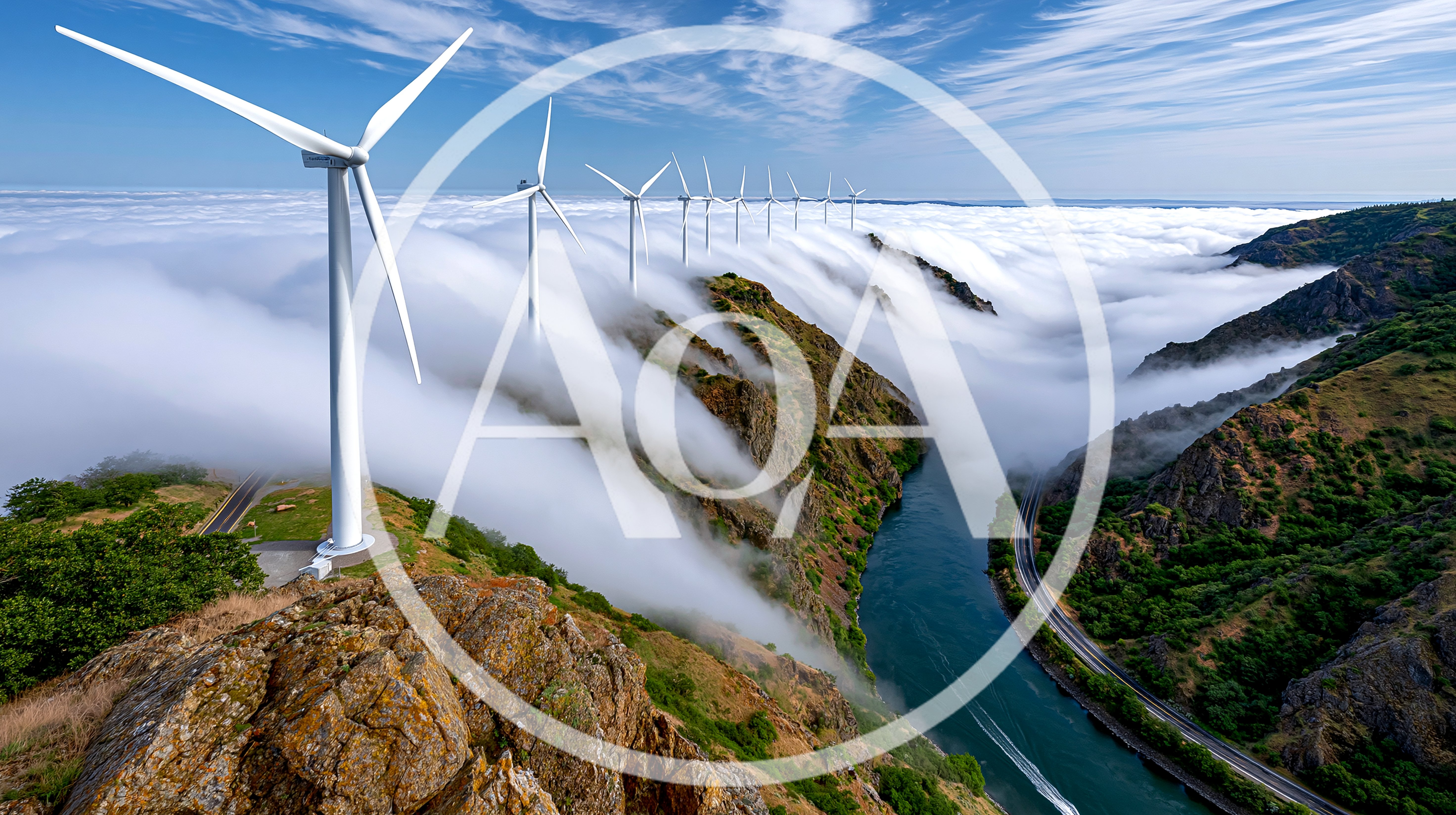Wind Turbines Above Clouds Along Columbia River Gorge