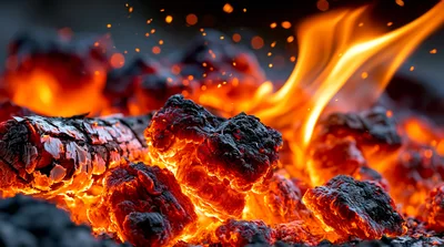 Glowing Hot Coals And Flames In A Fireplace