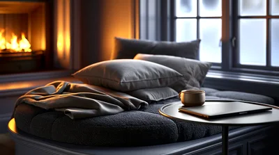 Cozy Reading Nook With Fireplace And Laptop