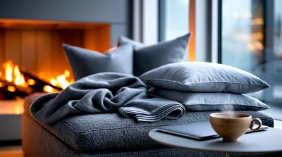 Cozy Living Room Scene With Fireplace And Coffee