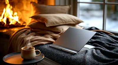Cozy Laptop Setup Near Fireplace and Window