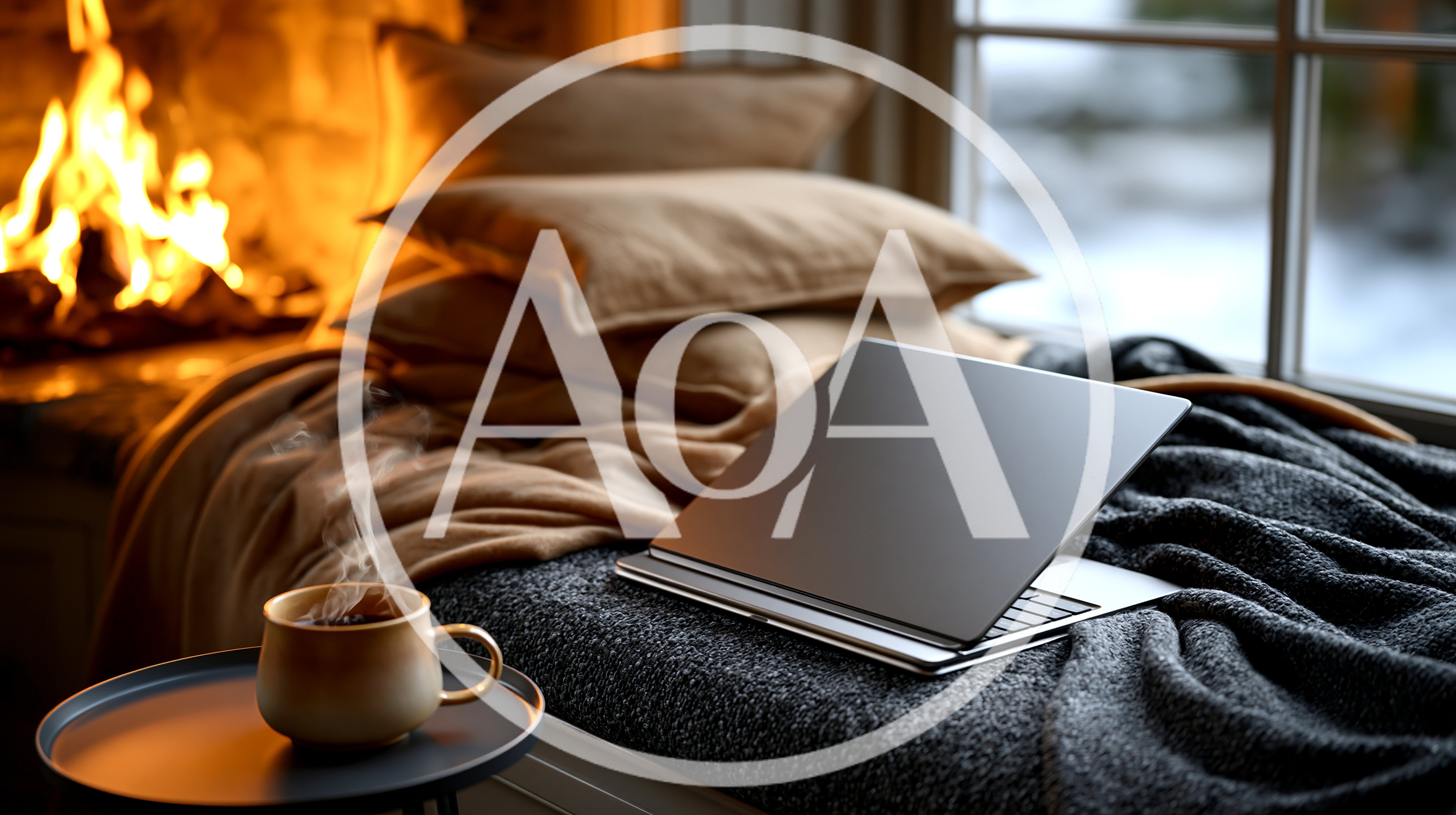 Cozy Laptop Setup Near Fireplace and Window