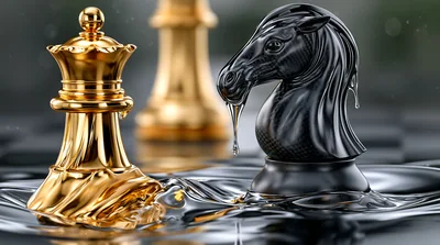 Gold Queen and Black Knight Chess Pieces in Water
