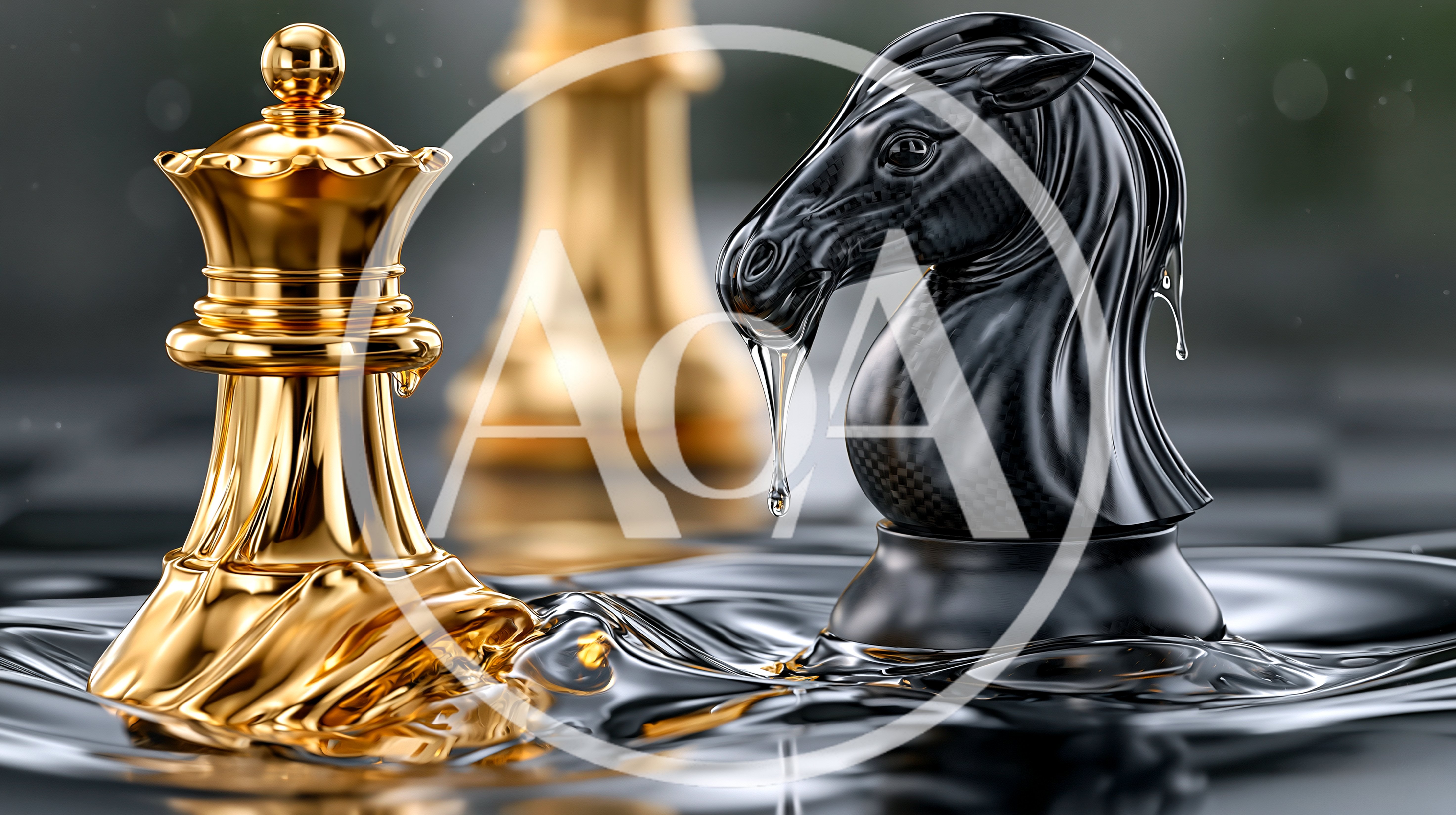 Gold Queen and Black Knight Chess Pieces in Water