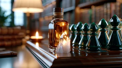 Green Chess Pieces And Whiskey Bottle On Desk