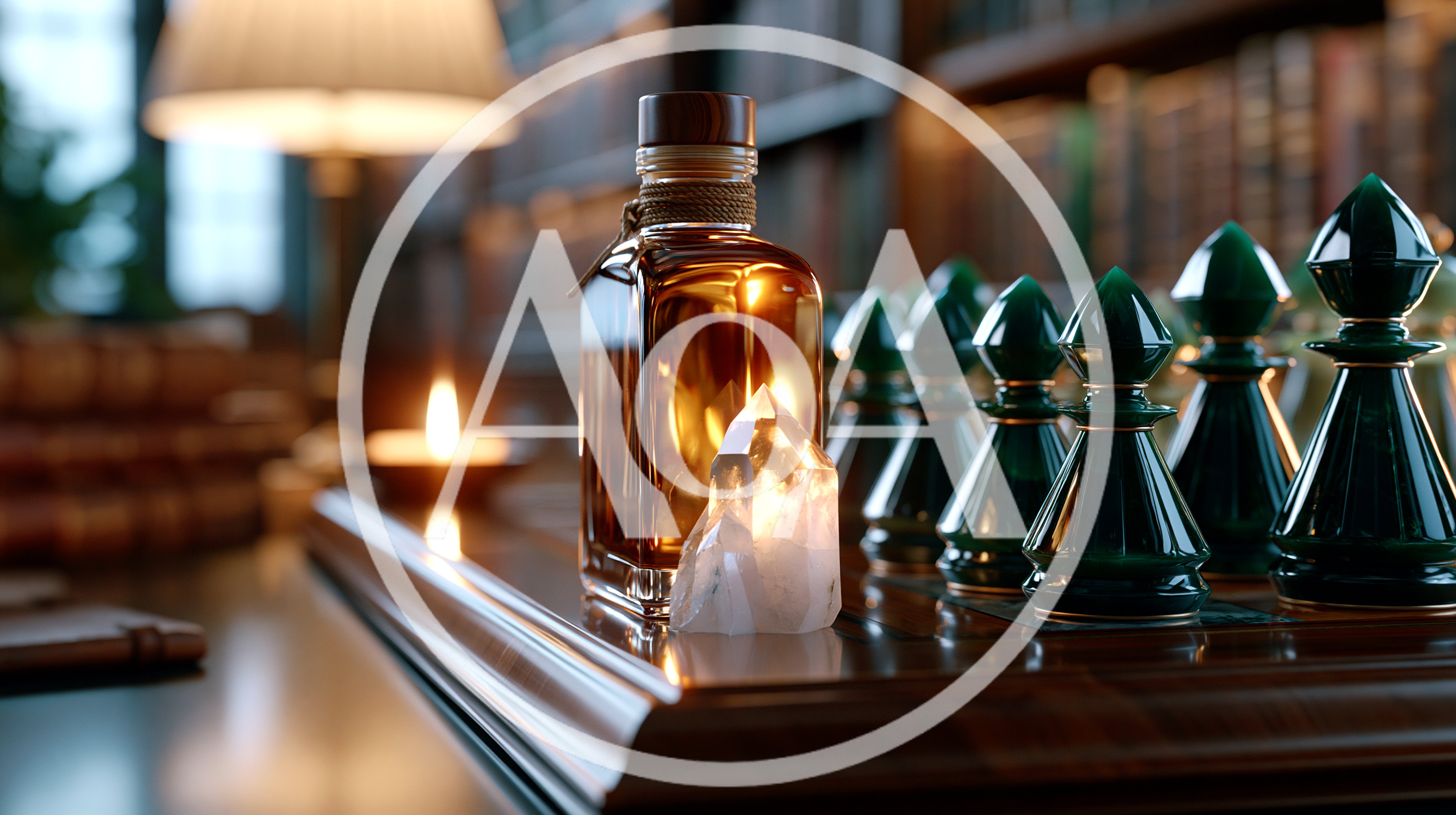 Green Chess Pieces And Whiskey Bottle On Desk