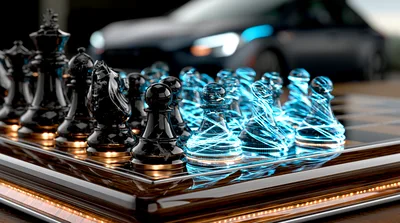 Futuristic Chess Set With Glowing Blue Pieces